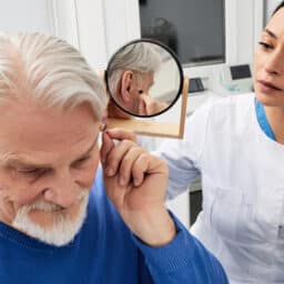 Man adjusts hearing aids with doctor