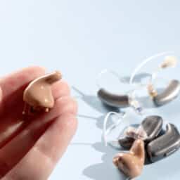 Hand holding modern hearing aid